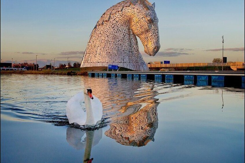 A large horse sculpture and a swan on a reflective water surface. 3