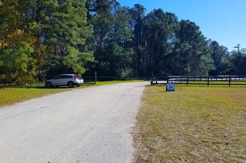 A gravel road with a white car parked on the left, surrounded by trees and a wooden fence. 2