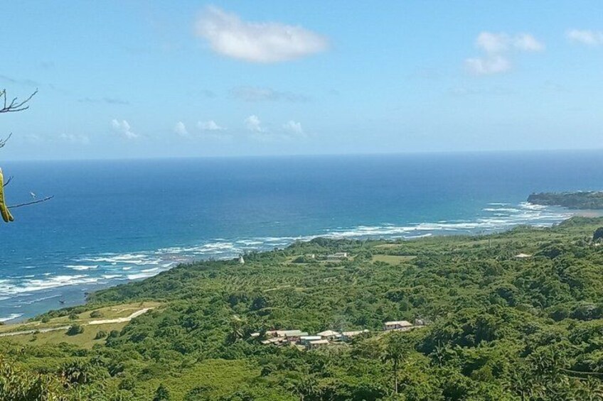 Un paisaje costero con vista al océano, colinas verdes y edificios dispersos. 2