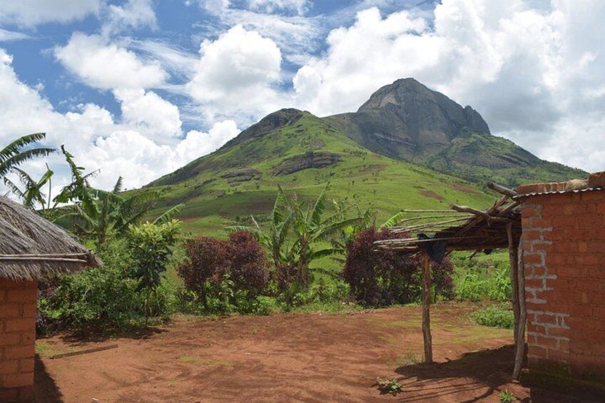 Un paysage rural avec une montagne, une maison en briques et des plants de bananiers. 2