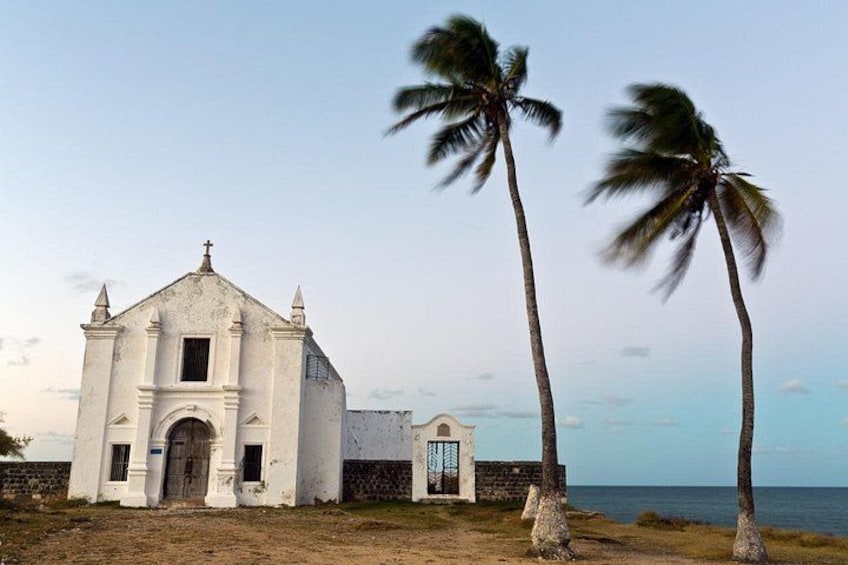 A white church with a cross on top, palm trees, and a clear sky. 4