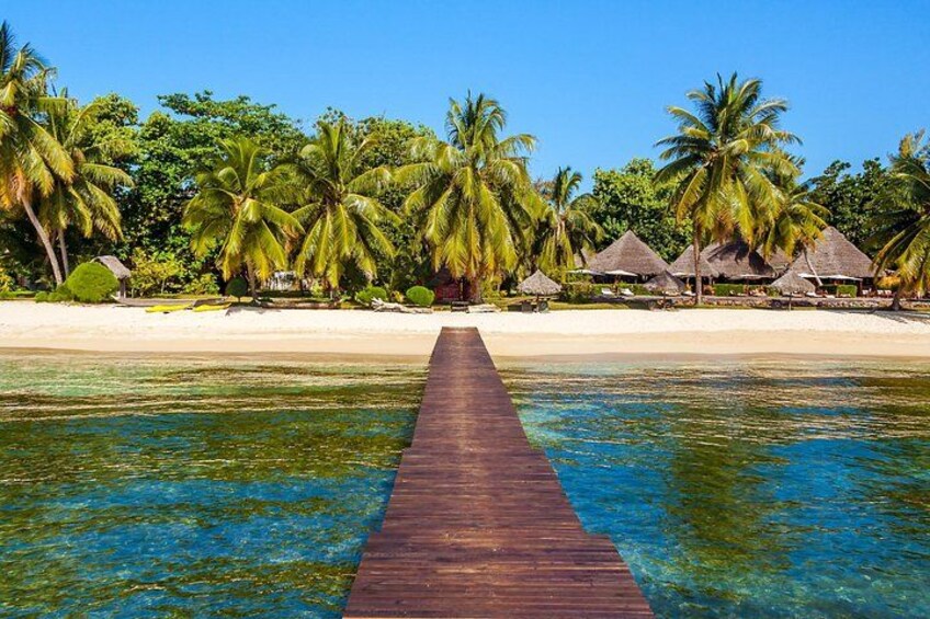 A wooden pier leading to a beach with palm trees and thatched-roof huts. 1