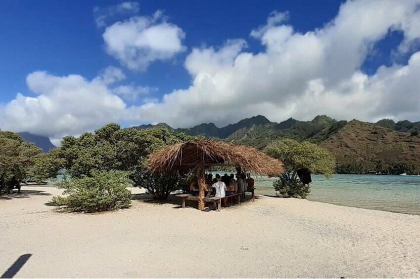 A beach with a thatched-roof hut and people sitting around it. 3