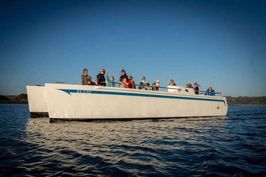 A white boat with blue stripes on the water. 5