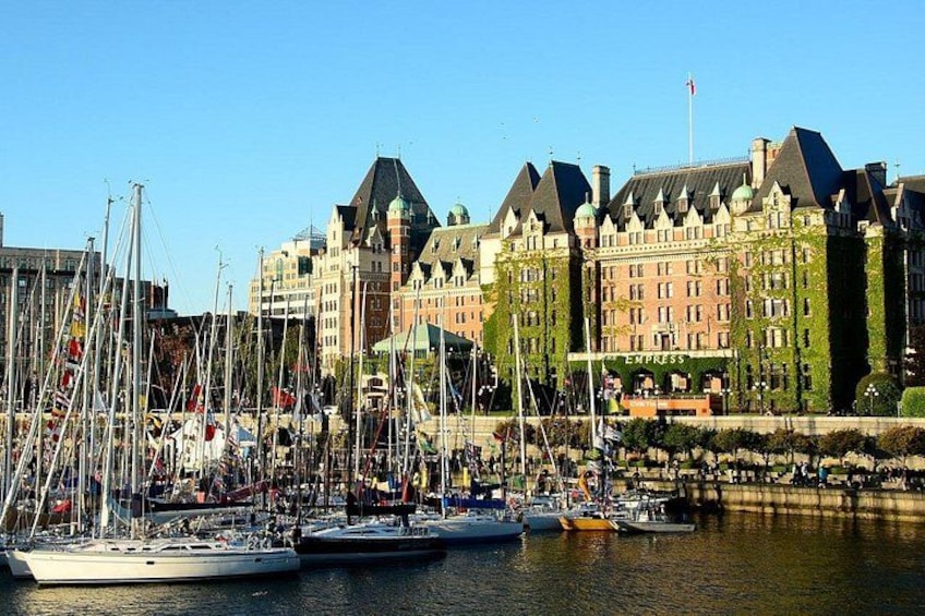 A marina with multiple sailboats docked, a large building with a green facade, and a clear blue sky. 2