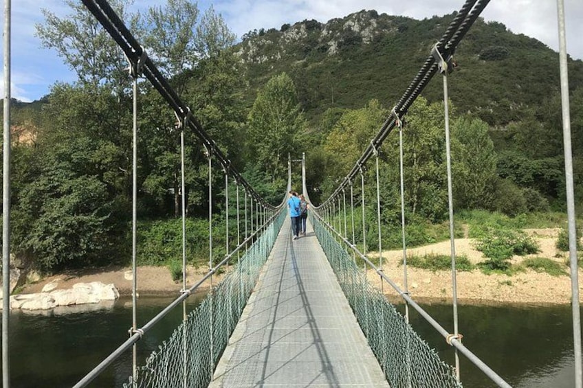A suspension bridge over a river with a forested mountain in the background. 1