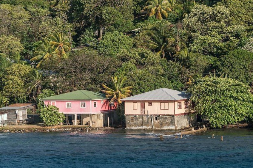 A coastal village with houses by the water, surrounded by dense tropical vegetation. 2