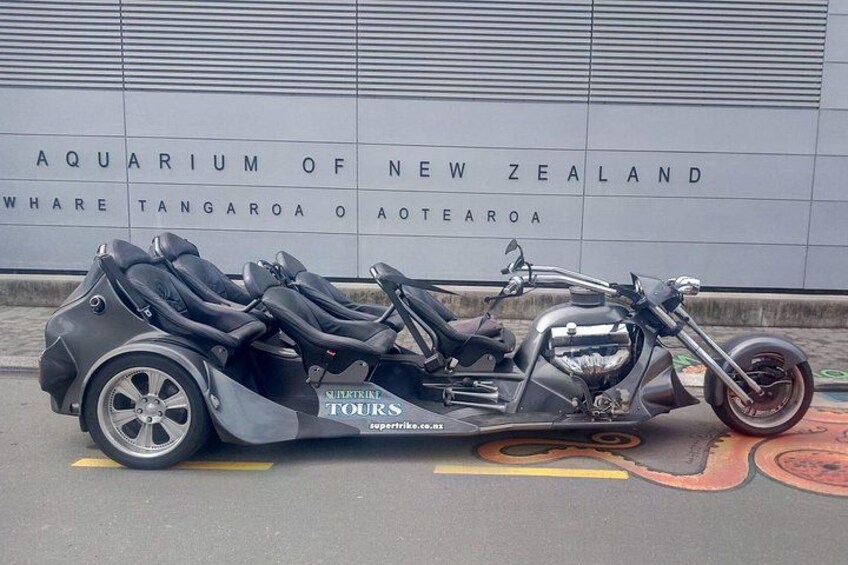 Una motocicleta con sidecar estacionada frente al Acuario de Nueva Zelanda. 3
