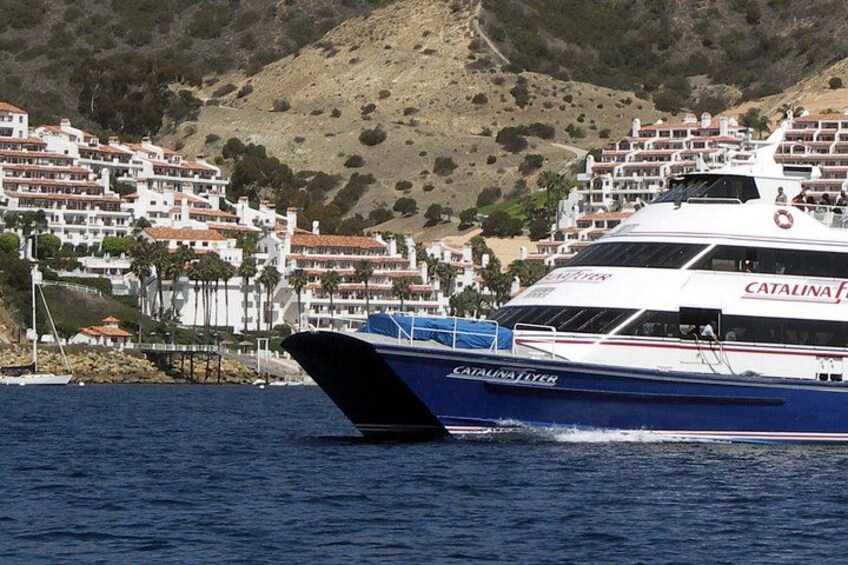 A Catalina yacht on the water with a coastal town in the background. 2