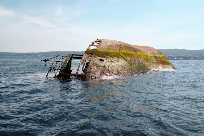 A sunken shipwreck in the ocean with a ladder leading up to it. 1