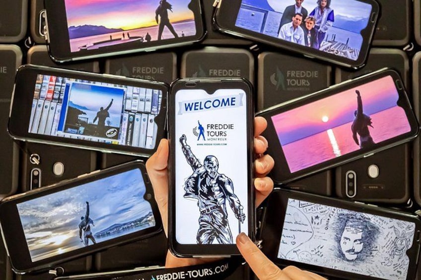 A collection of smartphones displaying various images and a central device with a welcome screen for Freddie Tours. 2