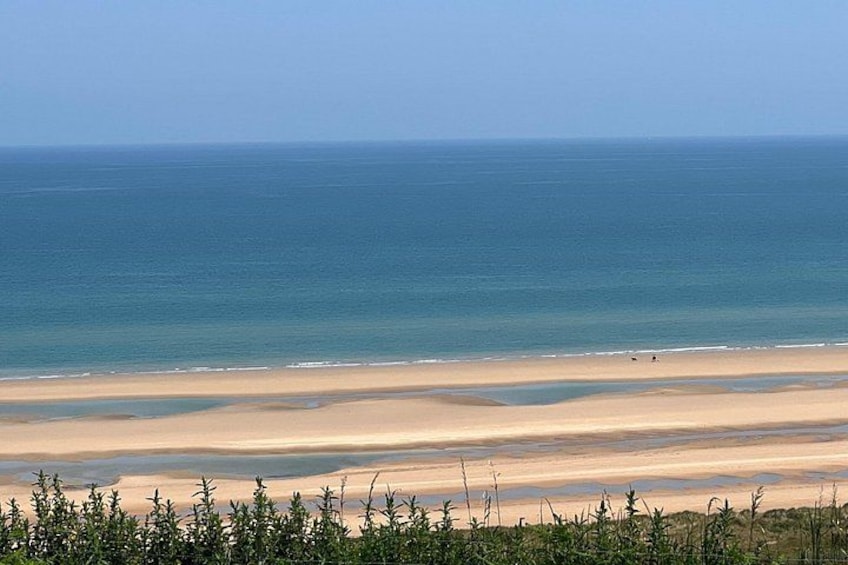 A beach with clear blue water, sandy shore, and sparse vegetation. 2