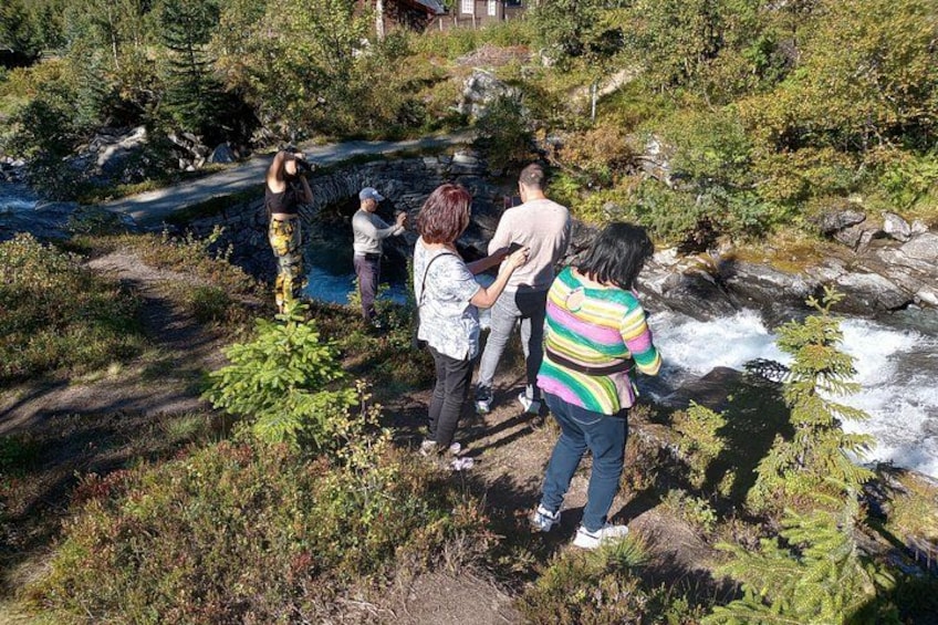 A group of people standing by a waterfall in a forested area. 5