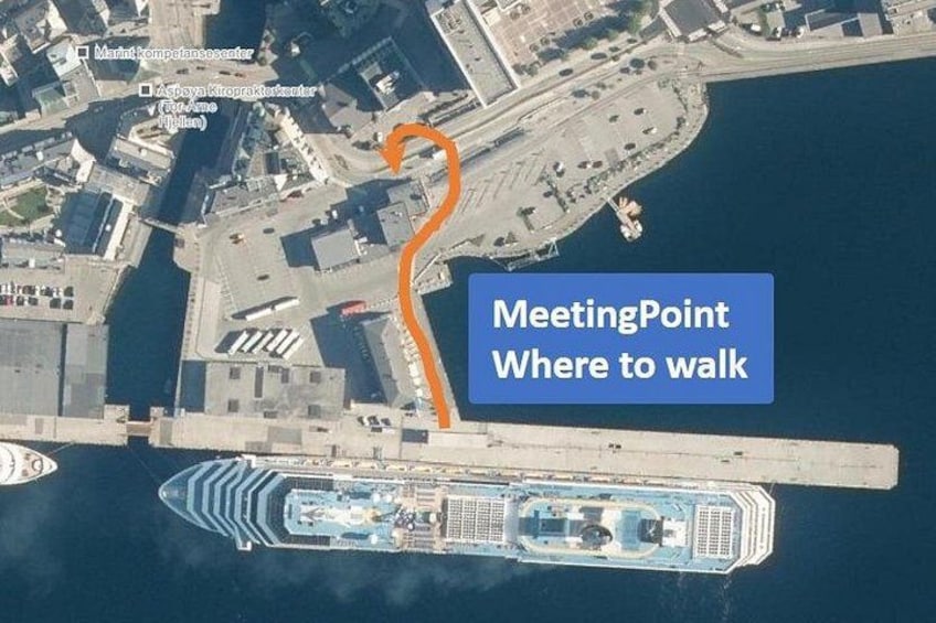 A cruise ship docked at a port with a highlighted walking path. 3