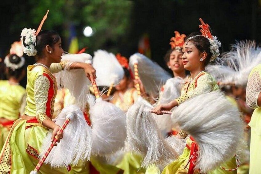 A group of people in traditional attire performing a dance with white feathered props. 4