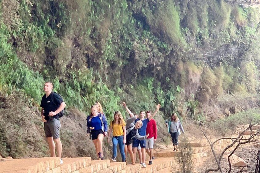 Eine Gruppe von Wanderern auf einem felsigen Pfad, im Hintergrund grüne Landschaft. 3