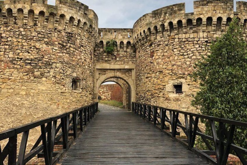 A stone castle with a wooden bridge leading to an arched entrance. 5