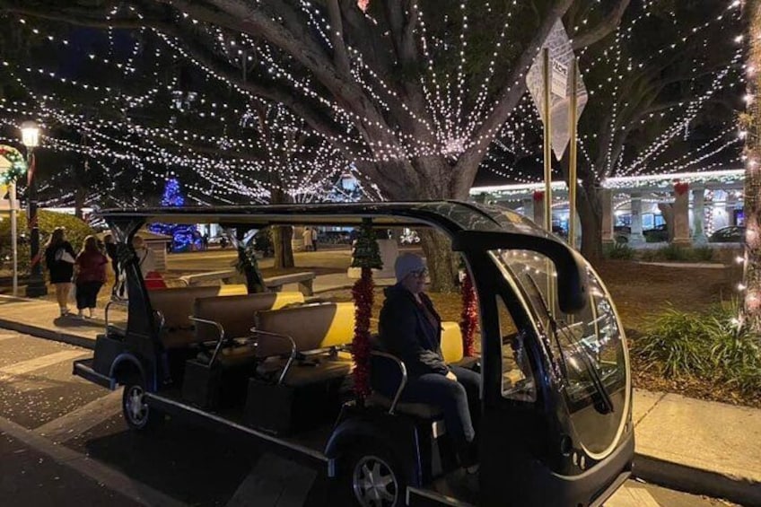 Un vehículo con remolque estacionado en una calle por la noche, decorado con luces de cadena. 2
