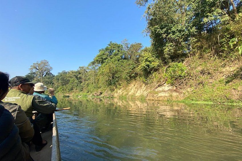 A river with people on a boat, surrounded by dense greenery and trees. 5