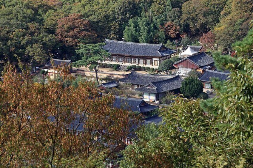Ein traditionelles koreanisches Dorf mit Holzhäusern und einem Tempel, umgeben von Bäumen. 4
