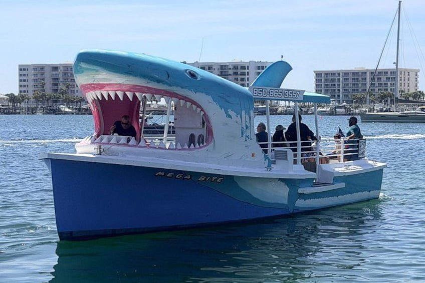 A shark-themed boat with passengers on the water. 5