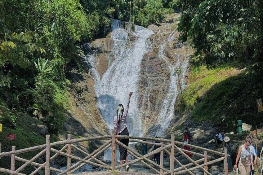 Una persona de pie sobre un puente de madera con una cascada al fondo. 2