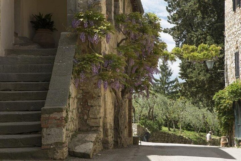 A stone staircase, a building with a stone facade, and a tree with purple flowers. 4