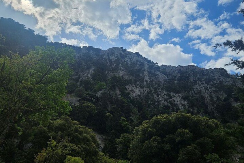 A mountainous landscape with dense green foliage and rocky terrain under a partly cloudy sky. 3