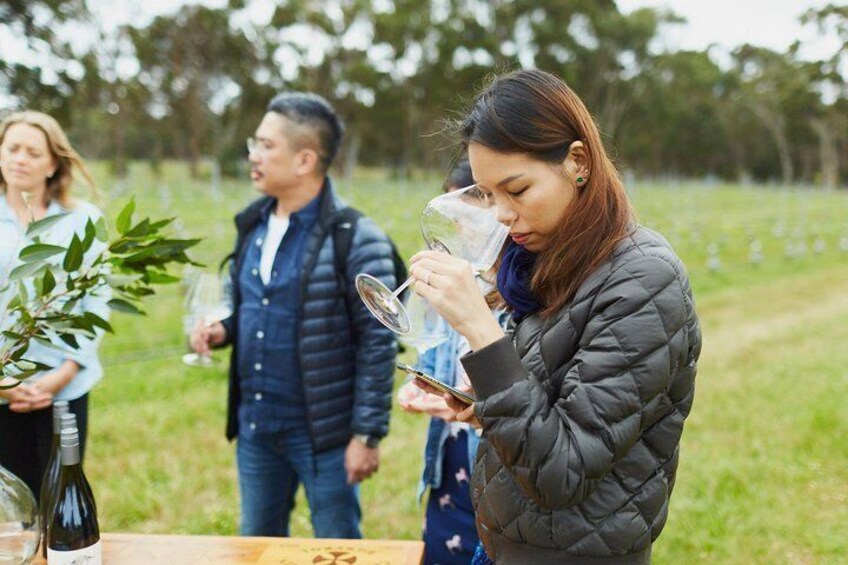 A person examining a wine glass in an outdoor setting with greenery in the background. 1