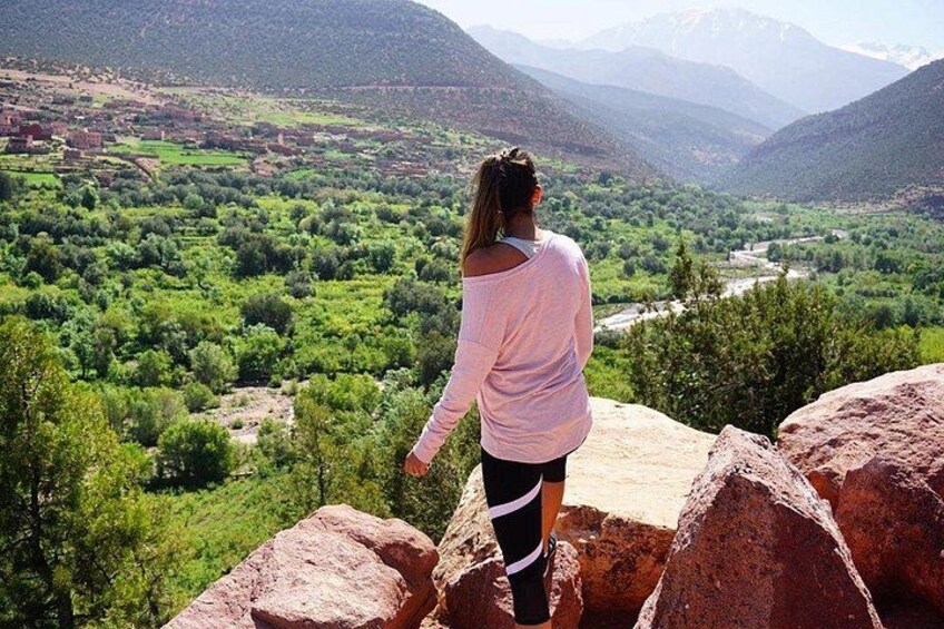 A person standing on a rock overlooking a valley with greenery and distant mountains. 3