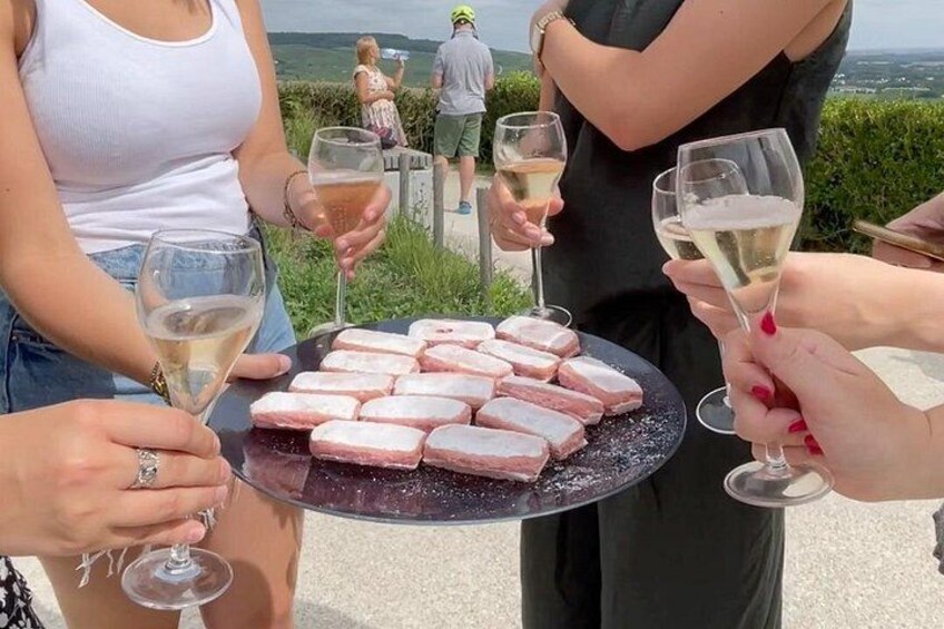 A group of people toasting with champagne glasses, a plate of pastries, and a scenic outdoor setting. 5