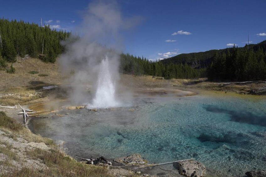 A geyser with a clear blue pool, surrounded by forested hills. 2