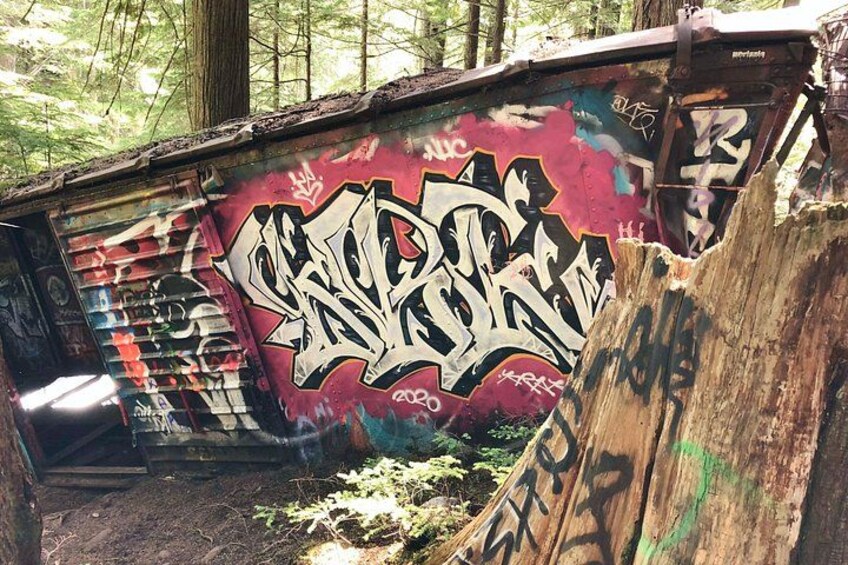 Grafiti en una estructura de madera en un área boscosa. 4