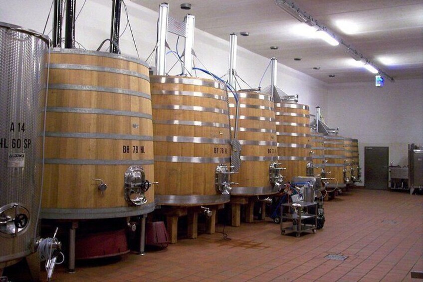 Una hilera de barriles de madera en una bodega. 3