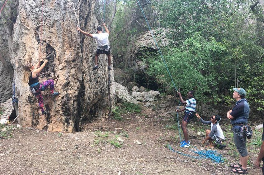 Una persona arrampica su una grande formazione rocciosa con corde, circondata da alberi e altri scalatori. 3