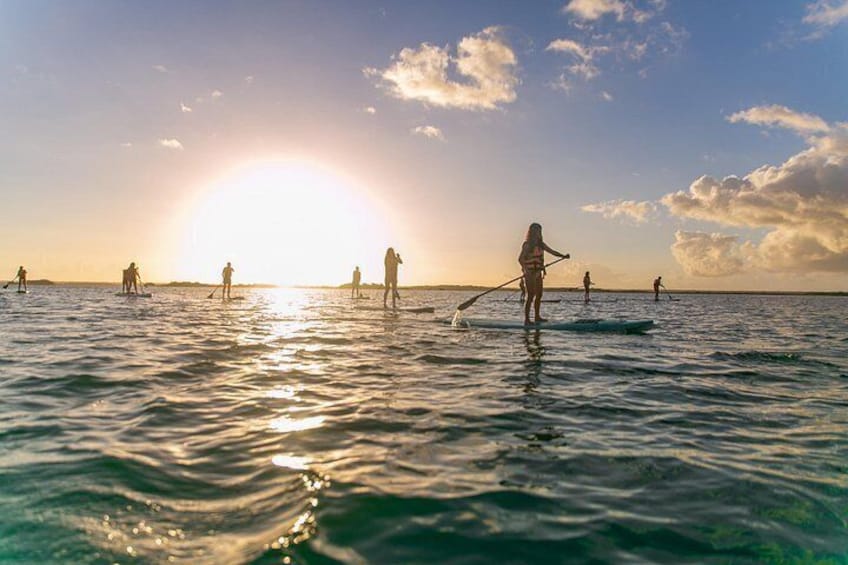 Personas haciendo paddleboard en aguas tranquilas, con un atardecer de fondo. 3