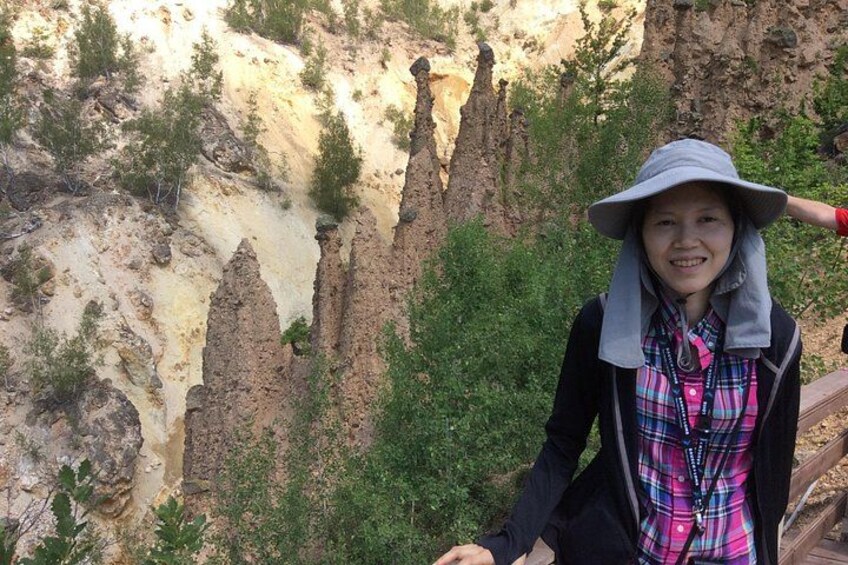A person standing on a wooden platform overlooking a canyon with steep rock formations and sparse vegetation. 2