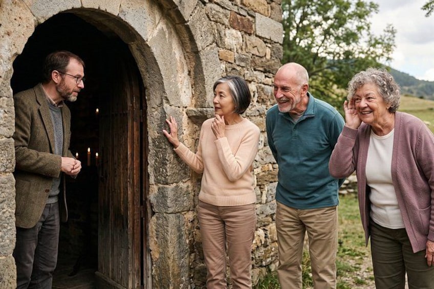 A group of people standing in front of a stone archway. 3