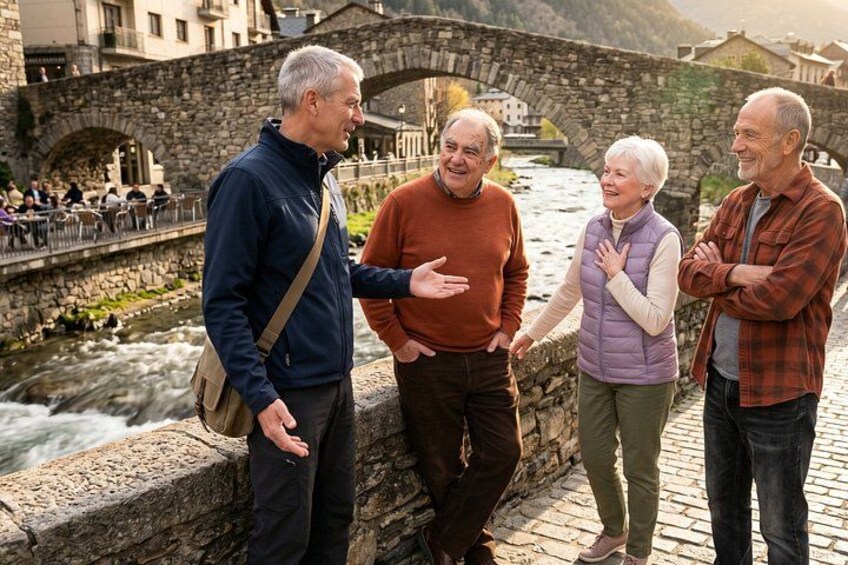 A group of people standing by a river with stone bridges and buildings in the background. 5