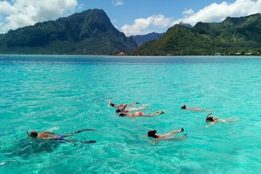 People swimming in clear turquoise water with mountains in the background. 2
