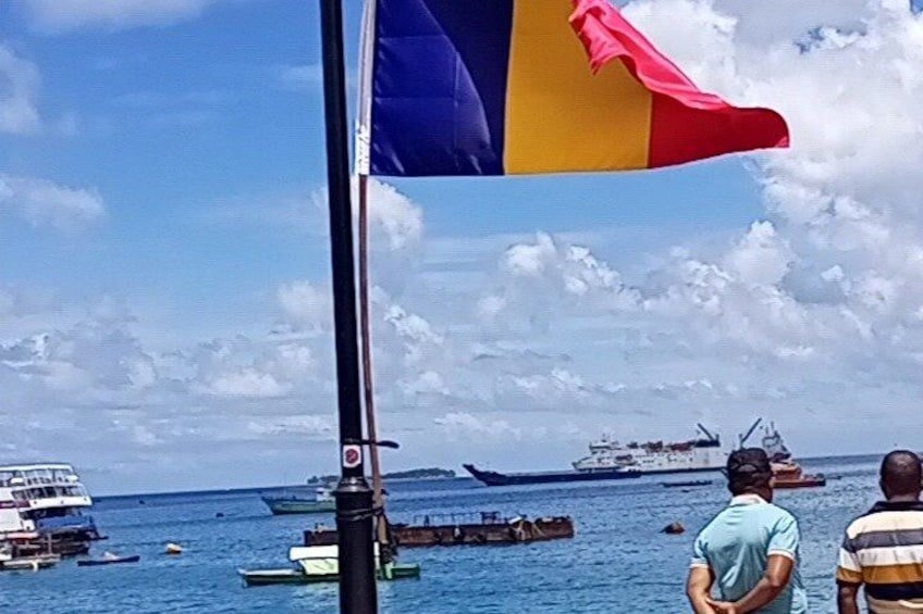 Una bandera en un asta, una masa de agua y varios barcos. 2