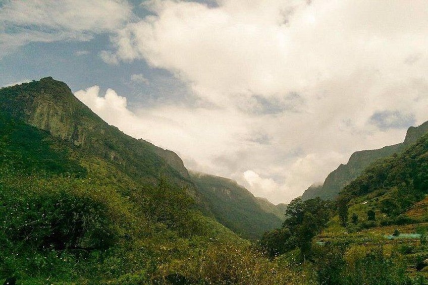Eine bergige Landschaft mit üppigem Grün und einem Tal. 4