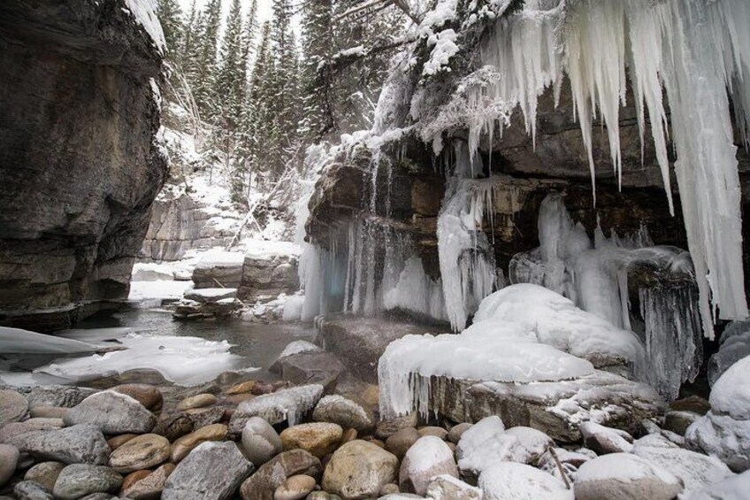 Cascada congelada con estalactitas, rocas cubiertas de nieve y un fondo boscoso. 4