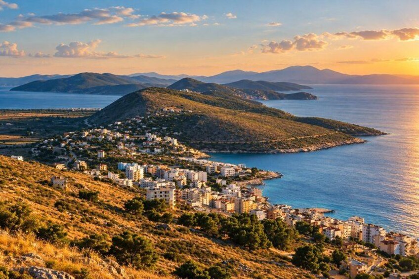 A coastal town with buildings, hills, and the sea. 3