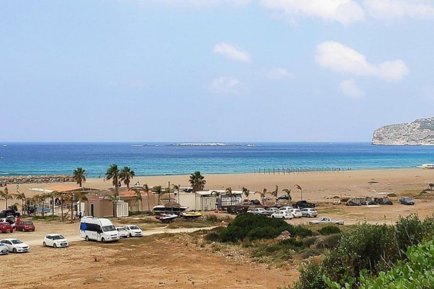 A beach with parked cars, palm trees, and a clear sky. 2
