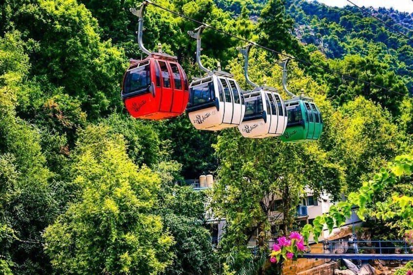 Un sistema di funivia con cabine rosse, bianche e verdi sospese sopra una zona boschiva. 5