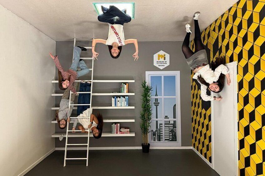 Una habitación con una escalera blanca, una estantería, una planta en maceta y una puerta con ventanal que muestra un paisaje urbano. 4