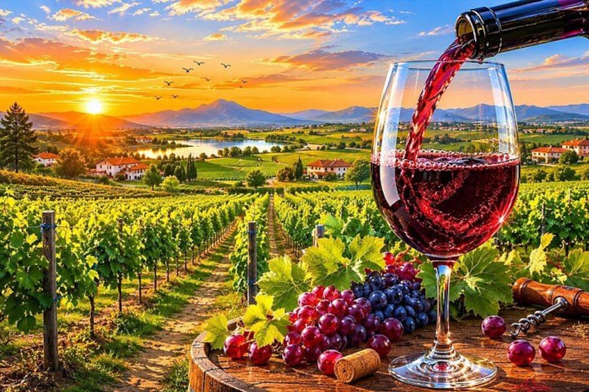 A vineyard with rows of grapevines, a glass of red wine being poured, and a wooden barrel on the ground. 5