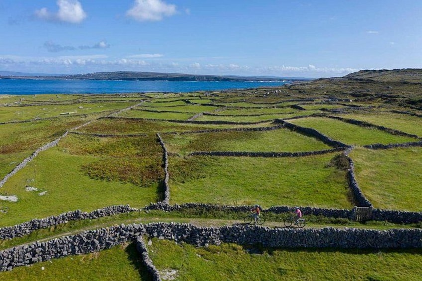 A coastal landscape with stone walls and grassy fields. 1