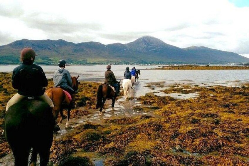 People riding horses on a rocky shore with mountains in the background. 5